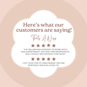 May include: A customer review for a shop called "That's A Wisp" with a five-star rating. The review reads, "The seller was amazing to work with and super sweet. She was very responsive and I highly recommend this shop." The second review reads, "I got this for my girlfriend for her birthday and she loved it!"