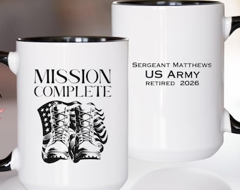 Personalized Military Retirement Mug, Army Retiree Gift, Mission Complete