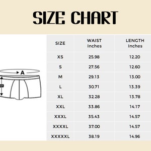 May include: A size chart for underwear, featuring waist and length measurements in inches. Sizes range from XS to XXXXXL, with corresponding waist measurements from 25.98 to 38.19 inches and lengths from 12.20 to 14.96 inches.