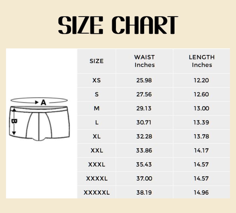 May include: A size chart for underwear, featuring waist and length measurements in inches. Sizes range from XS to XXXXXL, with corresponding waist measurements from 25.98 to 38.19 inches and lengths from 12.20 to 14.96 inches.