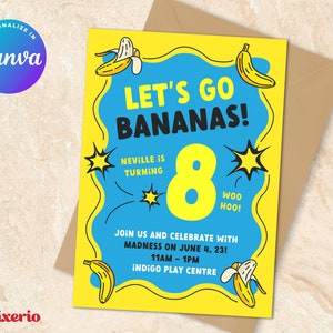 Editable Banana Birthday Invitation Blue Yellow Let’s Go Bananas Invite Canva Kids Party 5x7