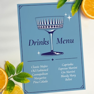 Editable Blue Drinks Menu Adult Birthday Coupe Cocktail Wedding A4 Poster