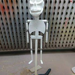 K&ouml;nnte beinhalten: Wei&szlig;e bemalte Holz-Skelettpuppe mit einem l&auml;chelnden Gesicht, befestigt an einem Holzstab und mit einer schwarzen Klemme fixiert.