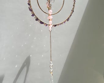 Wire Wrapped Amethyst Rose Quartz Sun Catcher | Rainbow Prism Window Decor