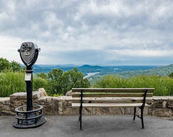 Mountain Print with Park Bench and Tourist Binoculars | Canvas or Metal Hanging Wall Art | Home Decor