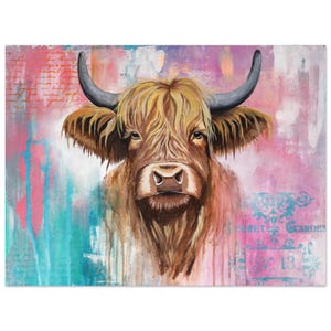 Highland Cow Art Print – Rustic Farmhouse Wall Decor – Scottish Highland Cattle Painting – Animal Wall Art for Living Room or Bedroom – Boho