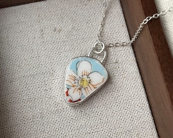 Broken China strawberry flower necklace, handmade broken china jewellery, handmade with vintage plates, sterling silver necklace