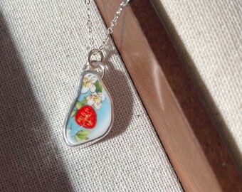 Broken China strawberry and flower necklace, handmade broken china jewellery, handmade with vintage plates, sterling silver necklace