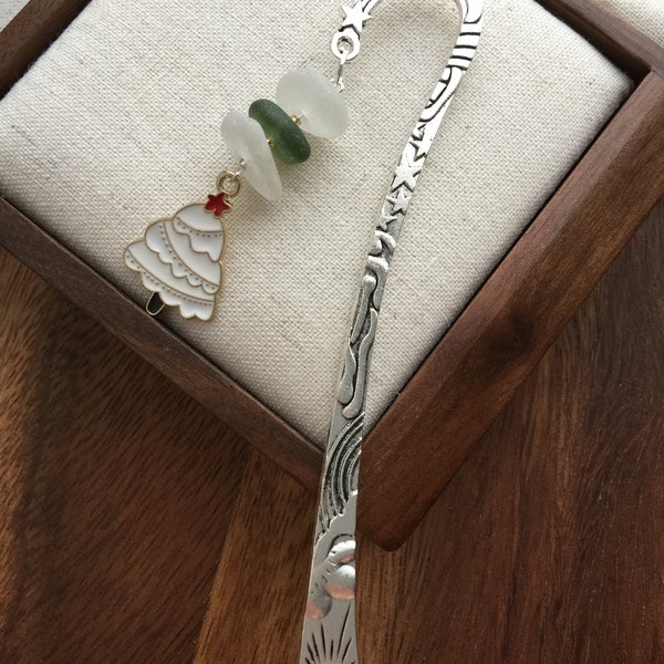 Sea glass bookmark, Christmas tree sea glass bookmark, silver plated sea glass bookmark, Christmas tree bookmark