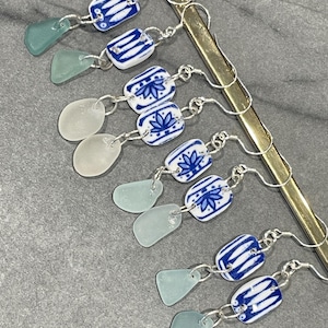 Pendientes de cristal marino de plata esterlina hechos a mano, joyería de porcelana azul