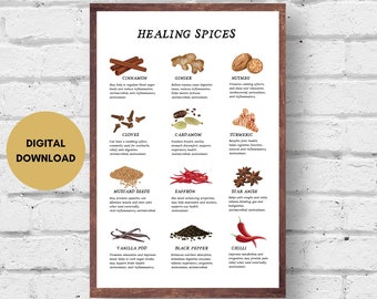 Healing Spices Print, Digital Download, Spice Poster, Spice Guide, Seasonings Infographic, Spice Chart, Kitchen Wall Art, Printable