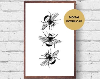Impresión digital de arte de abejorro, arte de pared de abeja en blanco y negro, impresión retro de abeja, póster de impresión digital con imagen de abeja e insecto imprimible