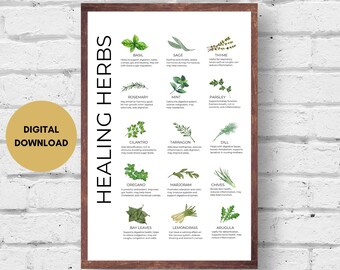 Heilende Küchenkräuter Druck, Digitaler Download, Heilkräuter Poster, Kräuterführer, Küchenkräuter Karte, Küchenkräuter Karte, Küchen Wand Kunst
