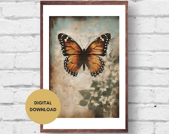 Vintage Style Orange Butterfly Print, Digital, Antique Type Butterfly Painting