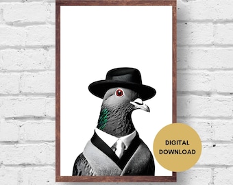 May include: A black and white digital illustration of a pigeon wearing a black fedora hat and a grey suit with a white shirt and tie. The pigeon is looking to the right. The text "DIGITAL DOWNLOAD" is in a gold circle in the lower right corner of the image.
