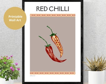 Chilli Print, Retro Chilli Poster Digital Download, Kitchen Vegetable Print, Retro Vegetable Art, Chilli Printable Poster, Retro Art