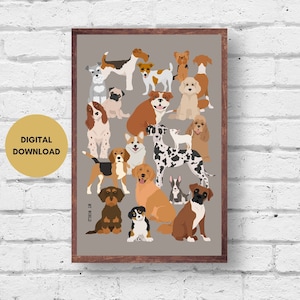 Dog Breeds Print, Digital Download, Grey Dog Wall Art Print, Dogs Illustration, Dog Poster, Colourful Dog Print, Printable Cute Dog Art