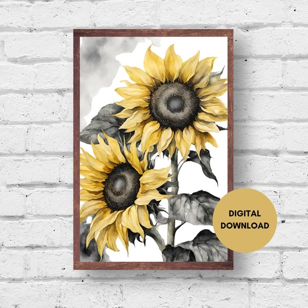 Zonnebloemprint, digitale download, aquarel zonnebloemprint, bloemposter, bloemsierkunst, digitale print, zonnebloemillustratie, afdrukbaar