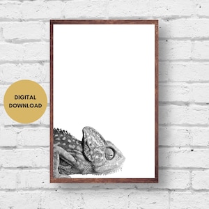 Chameleon Print, Black and White, Digital Download, Chameleon Photo, Chameleon Wall Art, Jungle Poster, Animal Home Decor, Digital Print