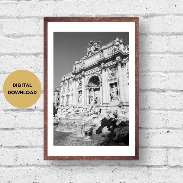 Trevi Fountain Photo Print, Digital Download, Rome Italy Travel Print, Black and White Trevi Fountain, Rome Wall Art, Trevi Fountain Photo