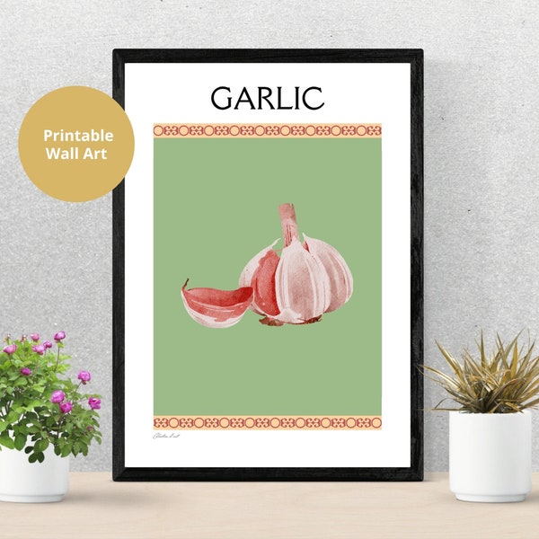 Garlic Poster, Garlic Print Digital Download,  Retro Vegetable Art, Kitchen Vegetable Print, Garlic Printable Poster, Kitchen Wall Art Print