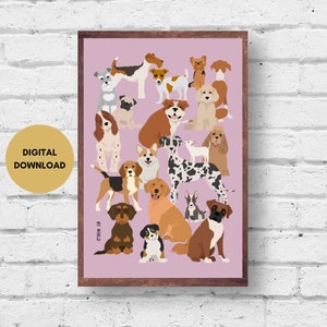 Dog Breeds Print, Digital Download, Pink Dog Wall Art Print, Dogs Illustration, Dog Poster, Colourful Dog Print, Printable Cute Dog Art