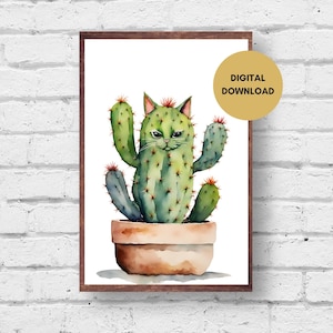 Kaktus Katze Drucken, digitaler Download, Kaktus Wandkunst, Katze Wandkunst, moderne Katzenkunst, Katze Dekor, süße Katze Poster, Katze Druck, Katzenliebhaber Geschenk
