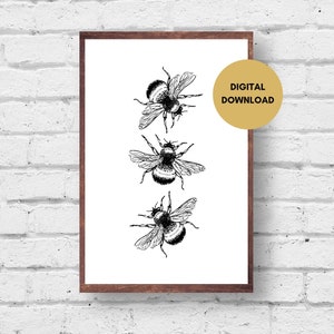 Bumblebee Art Print Digital Download, Black and White Bee Wall Art, Retro Bee Print, Printable Insect Bee Picture Digital Print Poster