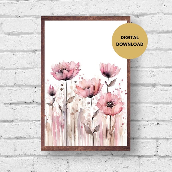 Pink Flower Watercolor Print, Digital Download. Flower Print Pink, Modern Flower Print, Cool Flower Printable, Flower Print Neutral Colors