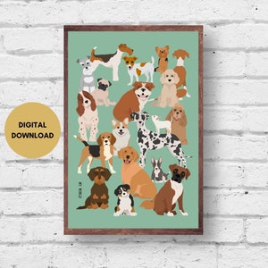 Dog Breeds Print, Digital Download, Green Dog Wall Art Print, Dogs Illustration, Dog Poster, Colourful Dog Print, Printable Cute Dog Art