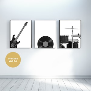 Music Prints, Digital Download, Electric Guitar Print, Vinyl Record Print, Drum Kit Print, Set of 3, Black and White Photo, Music Lover Gift