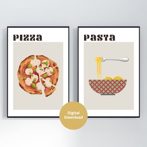 Pizza Pasta Print Set, Digital Download, Pizza Poster, Pasta Poster, Modern Kitchen Decor, Italian Food Print, Kitchen Wall Art, Set of 2