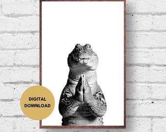 Modlący się aligator czarno-biały wydruk fotograficzny, pobieranie cyfrowe, sztuka ścienna ze zwierzętami, zdjęcie krokodyla, sztuka ścienna z gadami, ekscentryczny wydruk sztuki ściennej