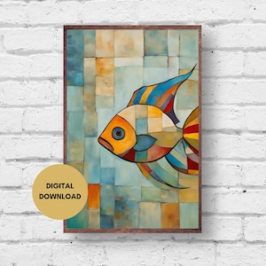 Abstract Fish Print, Digital Download, Fish Illustration, Beach House Art, Fish Wall Art, Colorful Fish Art, Retro Fish Print, Fish Decor