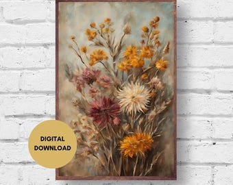 Moody Flower Painting, Digital Print, Vintage Style Flower Art, Rustic Flower Print, Cottagecore Wall Art, Wildflower Floral Botanical Print