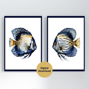 水彩画の魚のプリント2枚セット、デジタルダウンロード、モダンマリンアート、青と黄色の魚の絵画、魚のイラスト、ビーチハウスアートの印刷可能