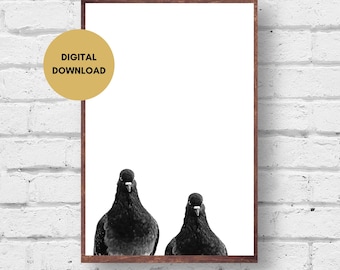 Pigeons looking in, digital download, black and white, wall art, digital print, funny, birds, printable, quirky, gift, Pigeon Picture