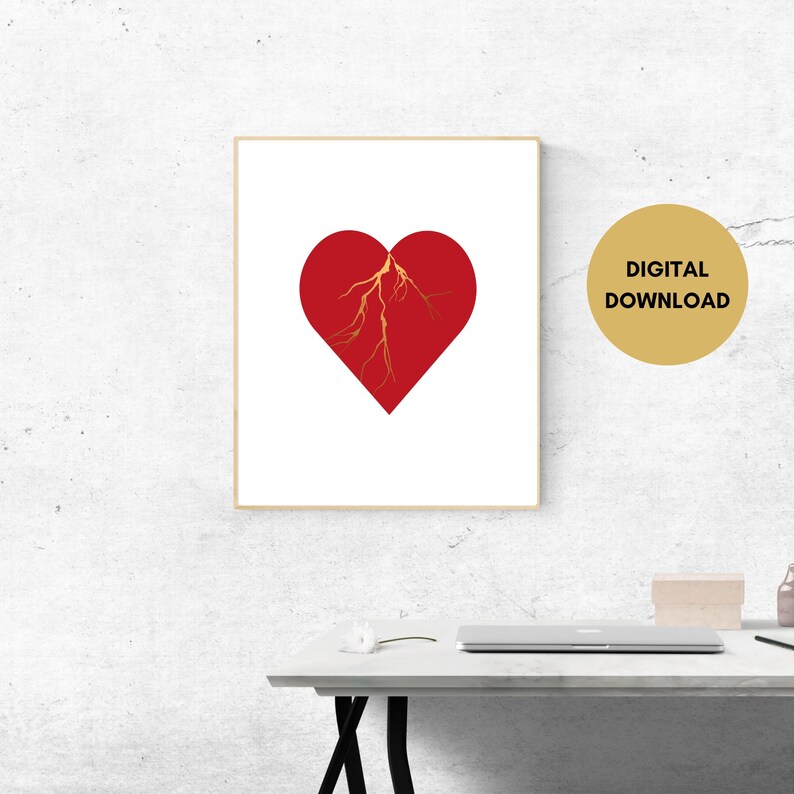 Kintsugi Red Heart Wall Art Print Digital Download Japanese Etsy