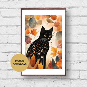 Herbstkatzendruck, Katzen Wandkunst, Digitaldruck, schrullige Katzenkunst, Katzenposter, Bunte Katzendruck, Retro Wandkunst, Halloween Katze, Kunst Schwarze Katze