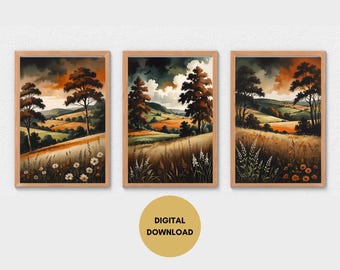 Höstlandskapsillustration, set om 3, digital nedladdning, höstväggkonst, höstväggdekor, landsbygdstryck, höstgalleri, landskapskonst