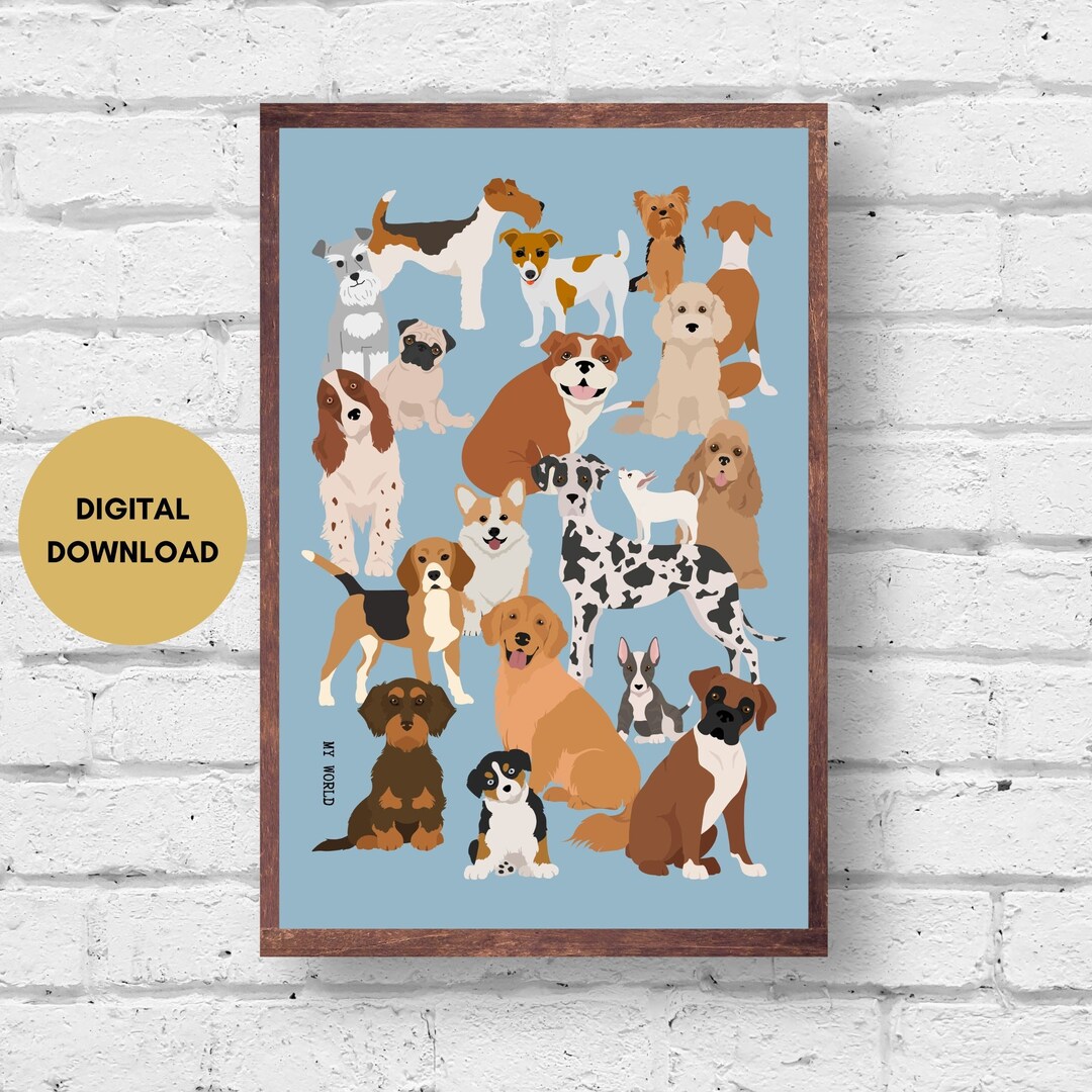 Dog Breeds Print, Digital Download, Blue Dog Wall Art Print, Dogs Illustration, Dog Poster