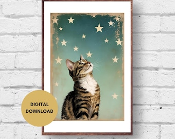 Vintage Style Cat Wall Art Print, Digital Download, Cat Looking at Stars, Whimsical Celestial Cat Poster, Printable Cat Decor, Tabby Cat Art