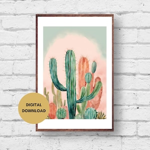 Kaktus Wandkunst, digitaler Download, Kaktus Illustration Kaktus Poster, Wüsten Wandkunst, Pastell Kaktus Druck, Boho Wanddekor, Kaktus Dekor