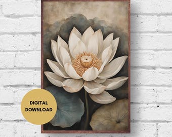 White Lotus Painting, Digital Print, Lotus Wall Art, Flower Poster, Floral Art, Lotus Illustration, White Lotus Print, Japandi Wall Art