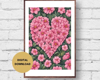 Pink Flower Heart Print, Floral Valentine Decor (Digital Download)