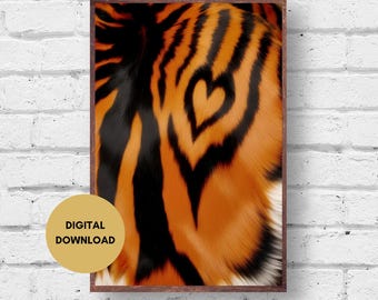 Tiger Print with Heart Poster, Digital, Heart Wall Decor, Jungle Animal Art Pattern