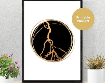 Kintsugi Wand Kunst Druck Digitaler Download, japanische Kintsugi Schwarz Gold und Weiß druckbare Kunst, minimalistisches Bild Wand Poster Digitaldruck