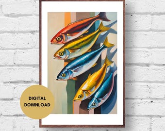 Colorful Fish Print, Digital Download, Fish Illustration, Beach House Art, Fish Wall Art, Fish Print, Retro Fish Artwork, Fish Wall Decor