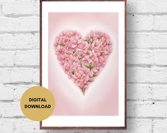 Pink Flower Heart Print, Valentine Art (Digital Download)