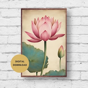 Rosa Lotus Gemälde, Digitaldruck, Lotus Wandkunst, Blumen Poster, Blumenkunst, Lotus Illustration, rosa Lotus Druck, Japandi Wandkunst